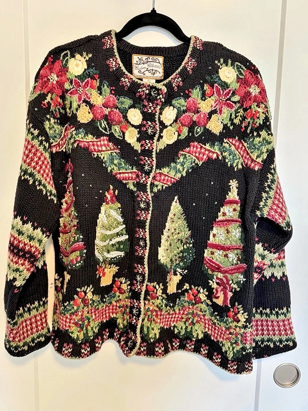 Heirloom Collectibles Floral Christmas Tree Cardigan in Black Ugly Sweater Xmas
